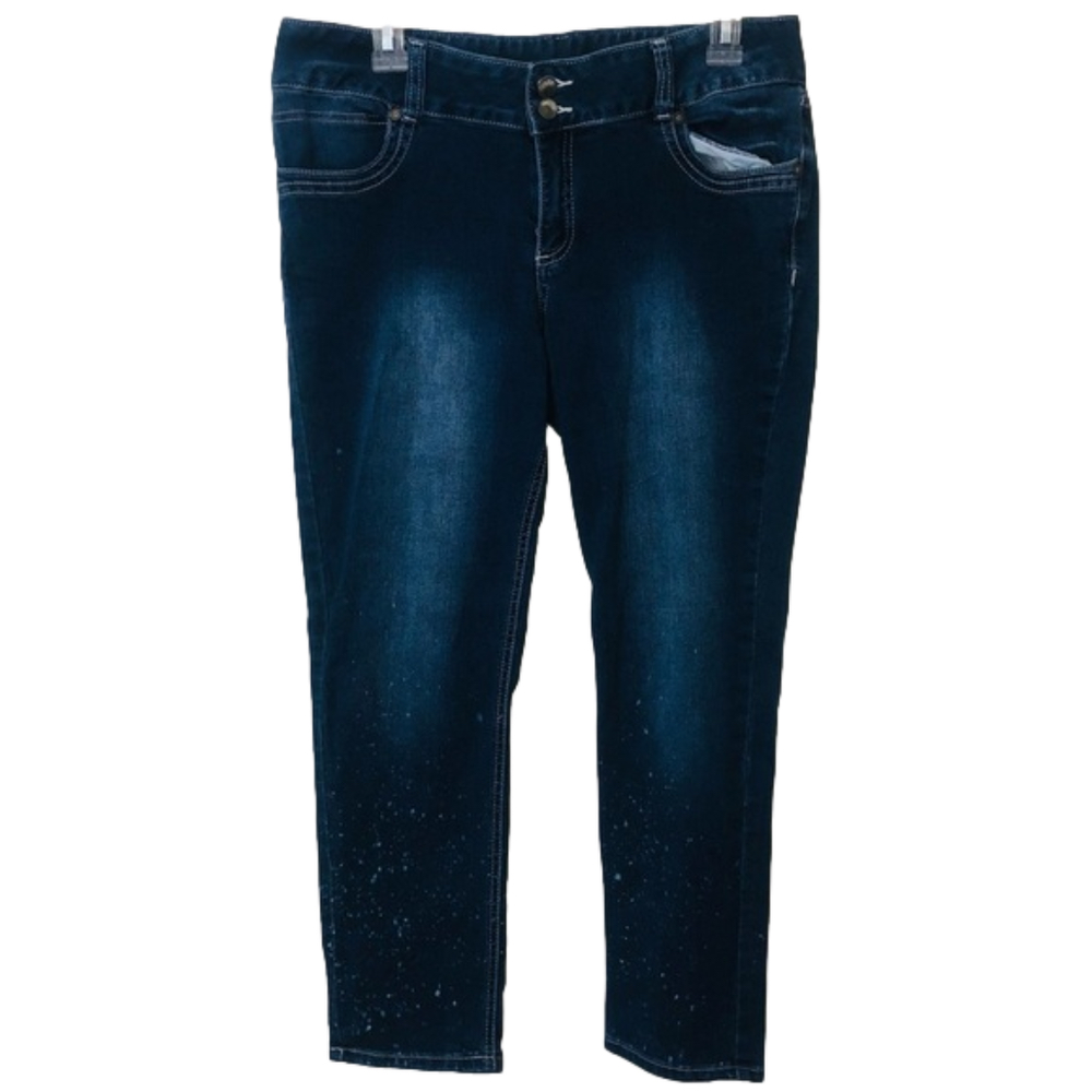 RUE21 Dark Wash Mid-Rise White Paint Splatter Skinny Jeans